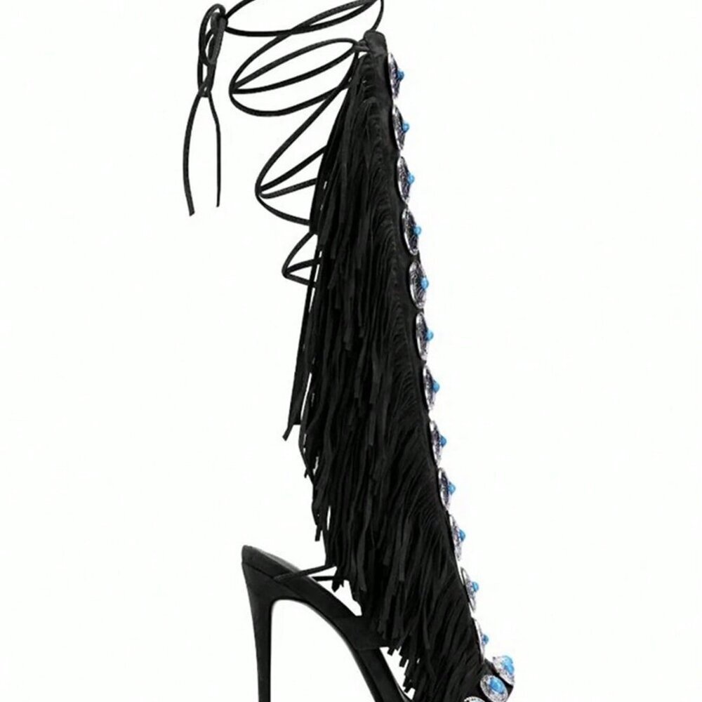 Black Bohemian Women'sGemstone Straps Fringe Detail Knee High Stiletto Boots f - Picture 6 of 10